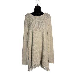 J.Jill Womens Fringe-Hem Oatmeal Pullover Sweater XL Open-Knit Long-Sleeve